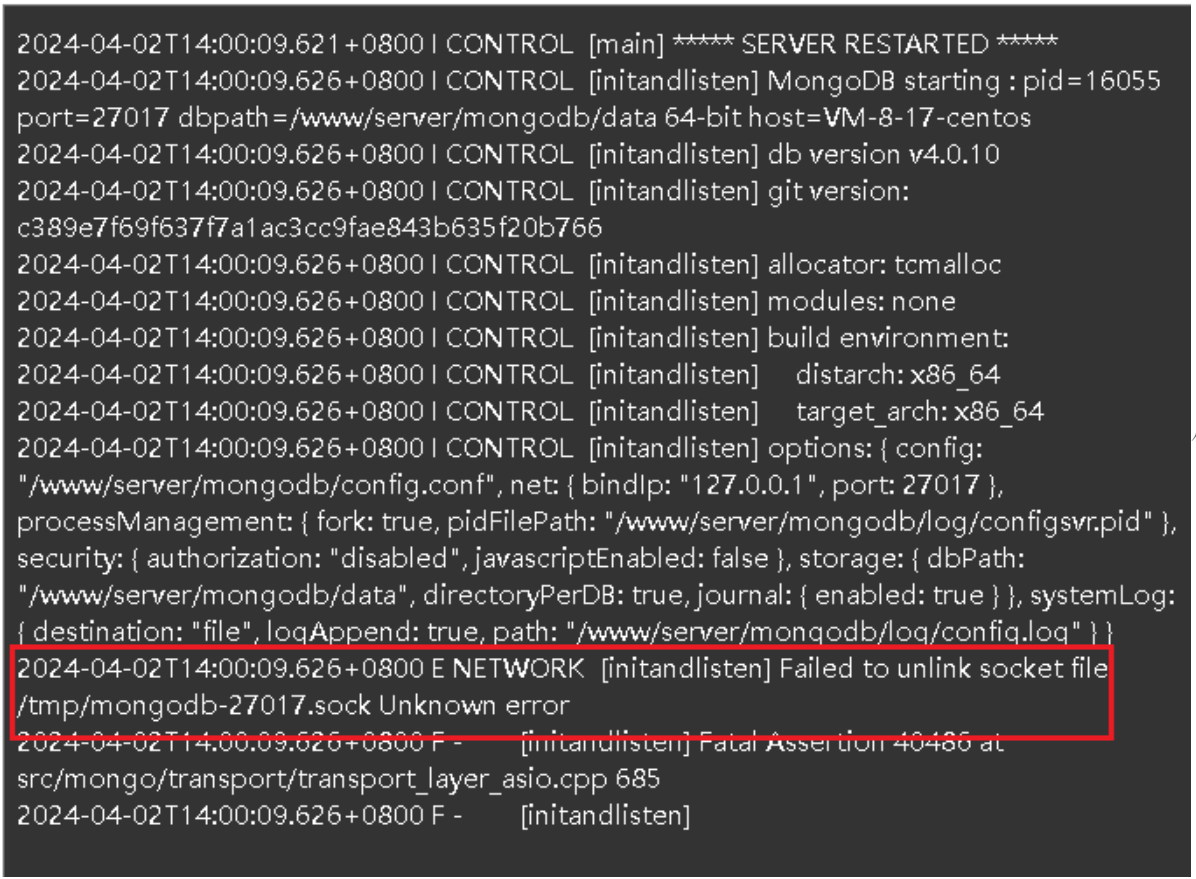 宝塔启动MongoDB遇Socket文件删除失败
